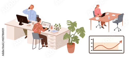 Team members working at desks on computers, one using a phone, another on a laptop, with a growth chart, workplace plants, and stationary items. Ideal for teamwork, productivity, business growth