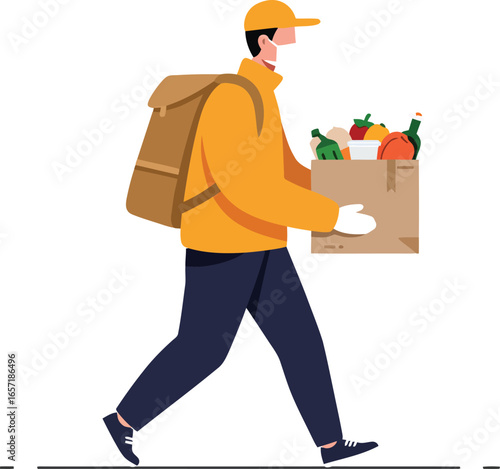 Delivery person carrying grocery bag and backpack walking with fresh vegetables and fruits in vector illustration 
