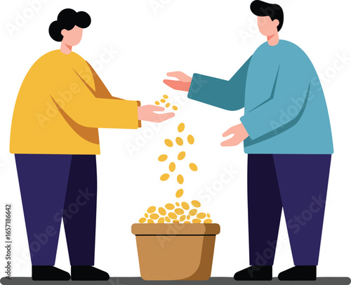 Two People Sharing Coins Over Basket Illustration Representing Charity and Generosity in Flat Style 