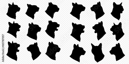 A set of black cat head silhouettes in profile, showing various poses, angles, and expressions like meowing or hissing.