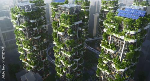 Futuristic eco-friendly skyscrapers with vertical gardens and solar panels