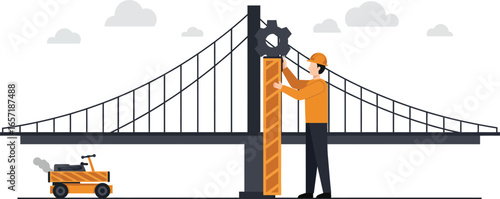 Construction worker repairing suspension bridge with machinery and tools vector illustration in minimal style 