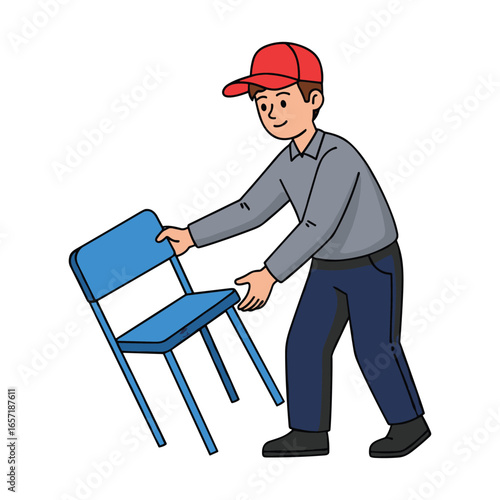 Man lifting blue chair cartoon style illustration for furniture store marketing 2D design