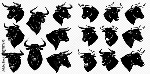 A collection of black bull head illustrations, icons, and silhouettes depicted from various angles for logos or mascots.