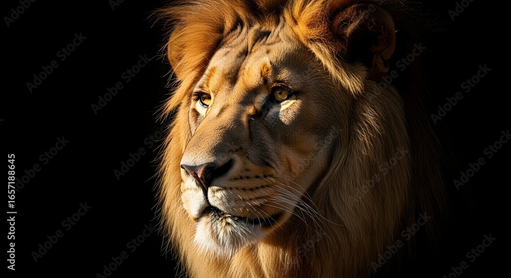 Fototapeta premium Majestic Lion Portrait A Golden King in the Dark