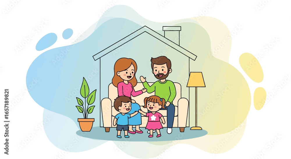 Obraz premium A happy family illustration standing together in their home, symbolizing comfort, security, and domestic well-being. Ideal for lifestyle, real estate, or family concept designs.