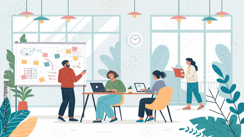 Productive team collaboration in a bright, modern office space. Professionals engaged in planning, innovation, and creative work for business.
