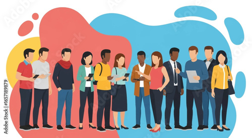 Diverse group of people engaging with digital devices, representing modern communication, social networking, or audience segmentation. Ideal for business, technology, lifestyle.