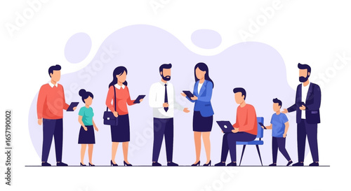 Diverse people of all ages interacting and using modern technology, illustrating concepts of community, business, and digital life.