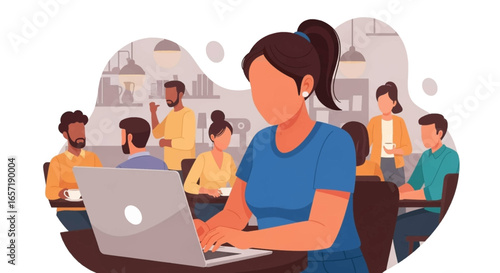 Woman focused on her laptop in a lively cafe, representing remote work, digital nomad lifestyle, and flexible modern business environments.