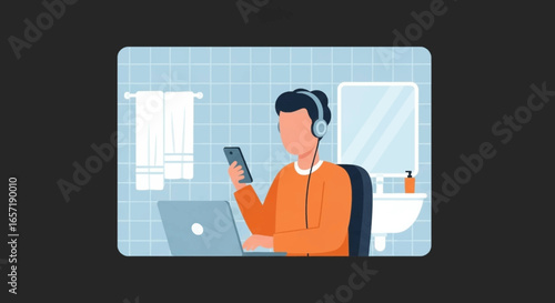 Man wearing headphones works remotely on laptop and phone in a bathroom, symbolizing flexible work, online learning, or multitasking in unconventional spaces. Modern lifestyle.