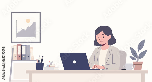 A professional woman works happily on her laptop in a bright, modern office, symbolizing productivity, remote work, and career success.
