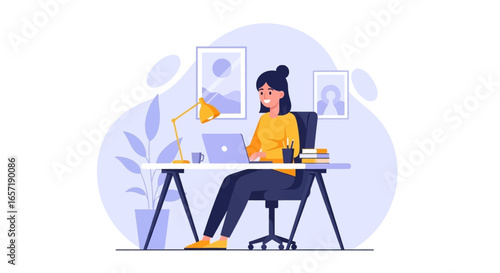 Happy woman working remotely on laptop at her home office desk. Ideal for concepts of productivity, freelance, online education, or modern business lifestyle.