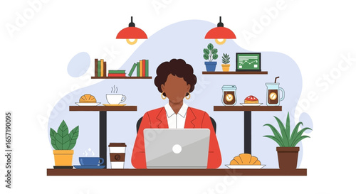 Professional Black woman working remotely on laptop in a cozy cafe, enjoying coffee and pastry. Ideal for business, freelance, or lifestyle concepts.