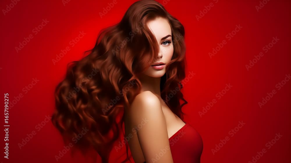 custom made wallpaper toronto digitalWoman with long wavy brown hair and red dress on red background