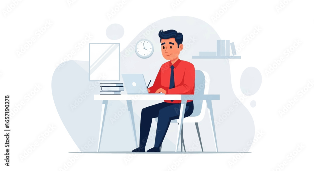 Fototapeta premium Professional man focused on work at his desk, using a laptop. Ideal for concepts of productivity, remote work, online education, and modern business.