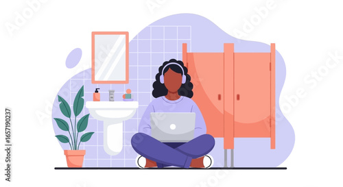 Young woman in headphones working on laptop from an unexpected location, highlighting remote work flexibility and focus in private spaces.