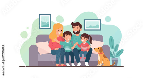 Happy family with two children and their dog relaxing comfortably on a sofa at home, symbolizing togetherness and modern lifestyle.