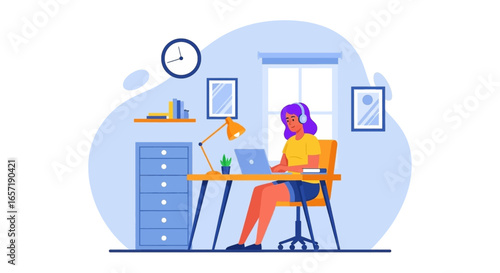 Productive woman in headphones working remotely on her laptop in a comfortable home office. Ideal for concepts of online education, freelancing, or hybrid work.