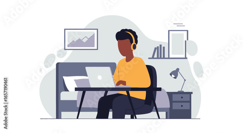 Person working remotely from a cozy home office setup with a laptop and headphones, ideal for remote work, online learning, or digital lifestyle concepts.