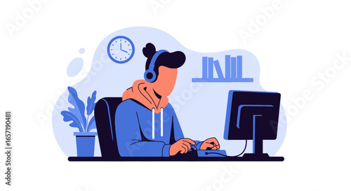 Focused person in headphones working on computer at desk, ideal for remote work, online learning, customer support, or productivity.
