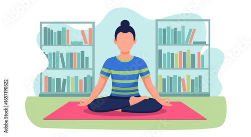 Serene person meditating in lotus pose on a yoga mat, surrounded by books. Perfect for concepts of mindfulness, relaxation, education, and well-being.