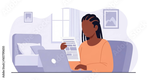 Focused Black woman working remotely on laptop with documents at home. Illustrates modern work-life balance, productivity, and digital learning.