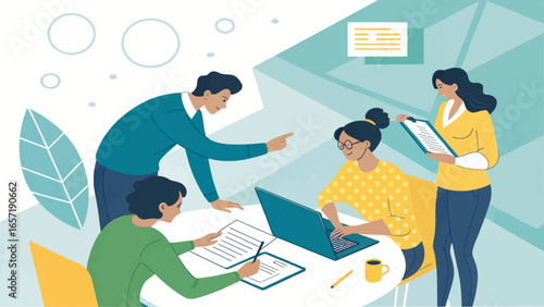 Diverse business team collaborating in a modern office, engaged in a productive meeting. Ideal for concepts of teamwork, innovation, and professional development.