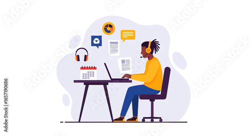 Person with headset working on laptop at desk, surrounded by communication and data icons. Ideal for remote work, online support, and virtual meeting concepts.