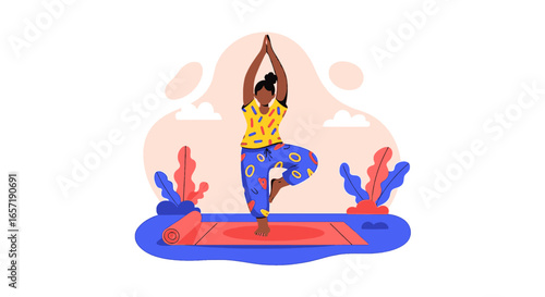 Illustrated person gracefully holding a tree pose on a yoga mat, symbolizing balance, wellness, and mindful exercise for a healthy lifestyle.