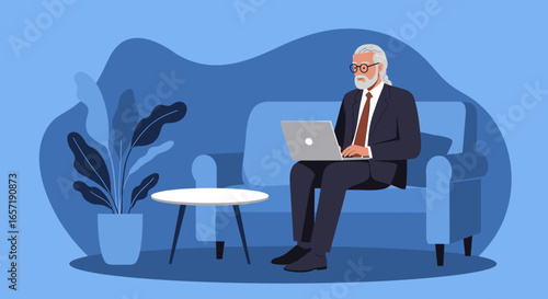 Senior businessman working remotely on a laptop from the comfort of his home office, embodying modern productivity and connectivity.