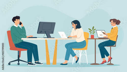 Diverse team collaborating in a modern office. Professionals engaged in various tasks, symbolizing productivity, teamwork, and business operations.