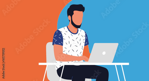 Modern man with a beard focused on working at his laptop on a desk, set against a vibrant, contemporary background. Ideal for remote work, digital productivity, and online education concepts.