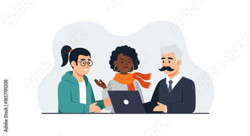 Diverse business team collaborating and discussing ideas around a laptop. Represents teamwork, communication, and strategy in a modern workplace setting.