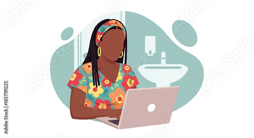 Illustrated Black woman working on her laptop from a home or remote setting, symbolizing digital productivity, remote work, and modern lifestyle.