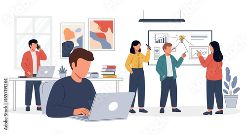 Professionals collaborate on a project in a modern office, discussing ideas and strategizing for business growth and teamwork. Ideal for corporate productivity concepts.