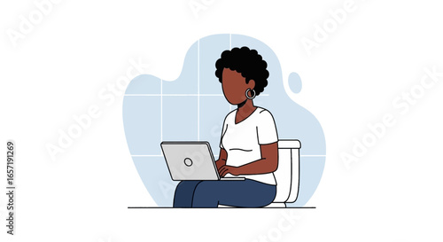 African American woman using laptop on toilet, illustrating remote work convenience, multitasking, and finding privacy in an unconventional workspace.