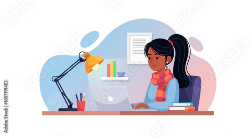 Focused young woman working on laptop at her desk, symbolizing remote work, online learning, and productivity in a modern home office setting.
