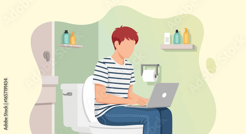 A person uses a laptop while sitting on the toilet, illustrating remote work, multitasking, or a quirky take on modern work-life integration and digital dependency.