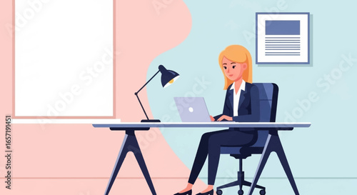 Professional businesswoman focused on remote work using a laptop in a modern office or home workspace. Ideal for concepts of productivity, online business, and digital communication.