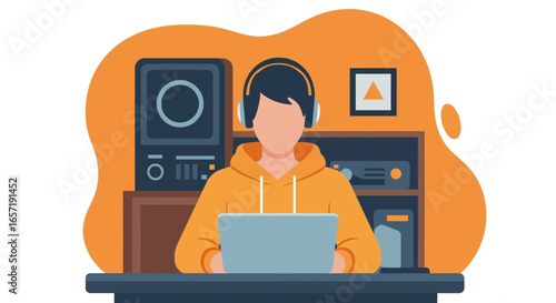 A focused individual wearing headphones works on a laptop in a modern home studio or creative workspace. Ideal for concepts of remote work, online learning, or digital content creation.