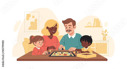 Happy diverse family enjoys quality time playing a board game at home. Perfect for concepts of togetherness, education, and leisure.