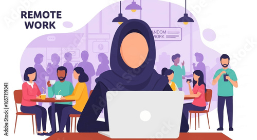 Diverse individuals working remotely in a modern co-working cafe, featuring a woman in a hijab on her laptop. Represents flexible work and digital lifestyle.