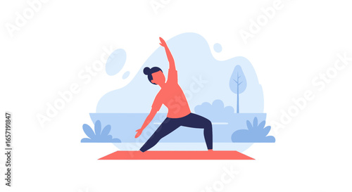 Person practicing yoga outdoors on a mat, demonstrating flexibility and balance. Concept of wellness, healthy lifestyle, and mindfulness in nature. Ideal for fitness and health content.