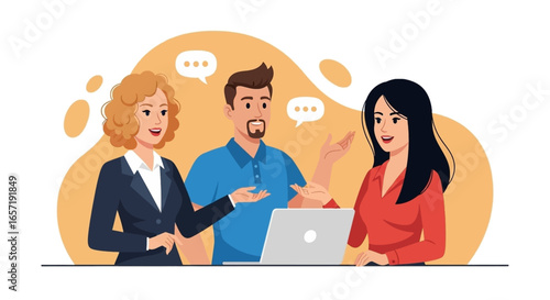 Diverse team of professionals collaborating and sharing ideas during a business meeting, fostering communication and problem-solving with a laptop.