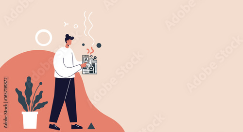 Creative professional holding a steaming cup with design elements, symbolizing inspiration and ideas for business, technology, or content creation. Flat illustration.