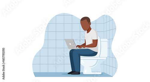 Man working on a laptop while sitting on a toilet in a tiled bathroom. Illustrates remote work, flexible lifestyle, or digital connectivity.