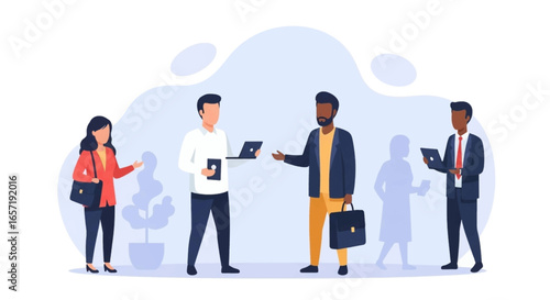 Diverse business professionals collaborate and connect, utilizing technology in a modern office or networking setting. Ideal for themes of teamwork, communication, and digital business.