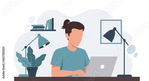 Person focused on laptop at a modern home office desk, symbolizing remote work, online learning, or digital productivity. Ideal for business and lifestyle concepts.