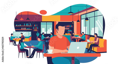 People work, study, and connect in a modern, bustling cafe. Ideal for depicting remote work, co-working spaces, and digital lifestyles.